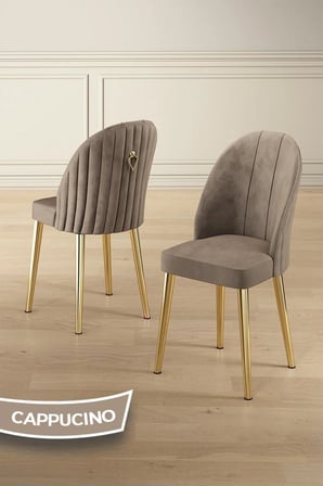 Pem Serisi 90x160 Lak Panel Beyaz Mermer Desen Gold Ayak Masa Takımı 6 Cappucino Sandalye