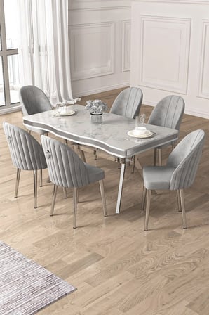 Pem Serisi 90x160 Lak Panel Beyaz Mermer Desen Krom Ayak Masa Takımı 6 Gri Sandalye
