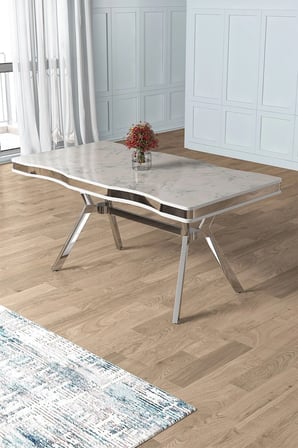 Pem Serisi 90x160 Lak Panel Beyaz Mermer Desen Krom Ayak Masa Takımı 6 Gri Sandalye