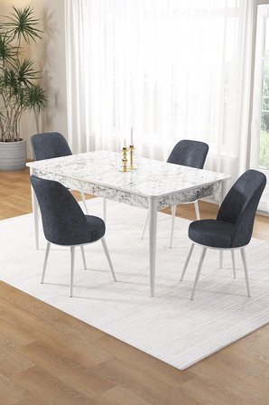 Pir Serisi 80x130 Sabit Beyaz Mermer Desen Mutfak Masa Takımı Ve 4 Füme Sandalye