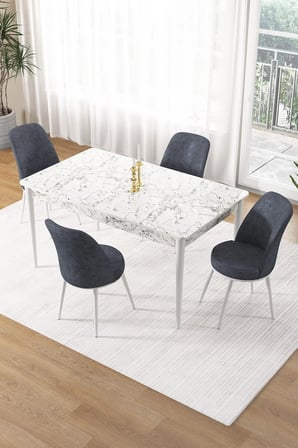 Pir Serisi 80x130 Sabit Beyaz Mermer Desen Mutfak Masa Takımı Ve 4 Füme Sandalye