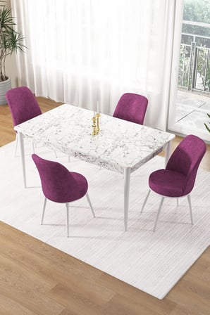 Pir Serisi 80x130 Sabit Beyaz Mermer Desen Mutfak Masa Takımı Ve 4 Mor Sandalye