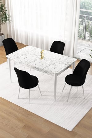 Pir Serisi 80x130 Sabit Beyaz Mermer Desen Mutfak Masa Takımı Ve 4 Siyah Sandalye