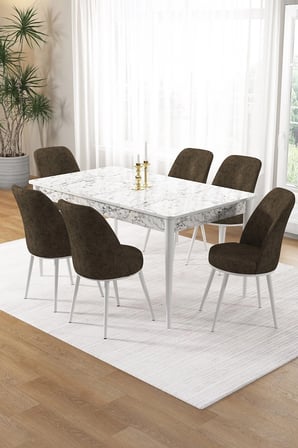 Pir Serisi 80x130 Sabit Beyaz Mermer Desen Mutfak Masa Takımı Ve 6 Kahve Sandalye