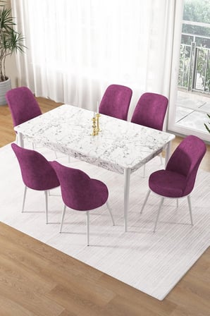 Pir Serisi 80x130 Sabit Beyaz Mermer Desen Mutfak Masa Takımı Ve 6 Mor Sandalye