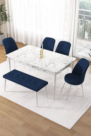 Pir Serisi 80x130 Sabit Beyaz Mermer Desen Mutfak Masa Takımı 4 Lacivert Sandalye Ve 1 Bench