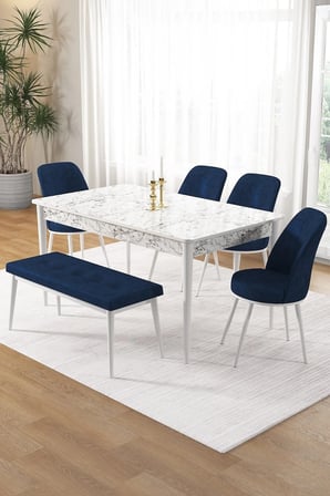 Pir Serisi 80x130 Sabit Beyaz Mermer Desen Mutfak Masa Takımı 4 Lacivert Sandalye Ve 1 Bench