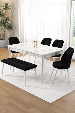 Pir Serisi 80x130 Sabit Beyaz Mermer Desen Mutfak Masa Takımı 4 Siyah Sandalye Ve 1 Bench