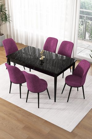Pir Serisi 80x130 Sabit Siyah Mermer Desen Mutfak Masa Takımı Ve 6 Mor Sandalye