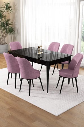 Pir Serisi 80x130 Sabit Siyah Mermer Desen Mutfak Masa Takımı Ve 6 Pembe Sandalye