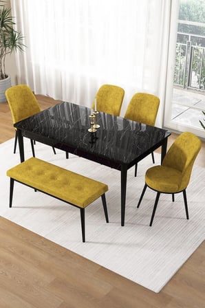 Pir Serisi 80x130 Sabit Siyah Mermer Desen Masa Takımı 4 Hardal Sandalye Ve 1 Bench