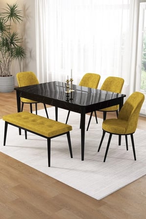 Pir Serisi 80x130 Sabit Siyah Mermer Desen Masa Takımı 4 Hardal Sandalye Ve 1 Bench