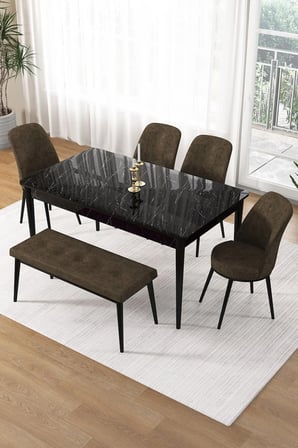 Pir Serisi 80x130 Sabit Siyah Mermer Desen Masa Takımı 4 Kahverengi Sandalye Ve 1 Bench