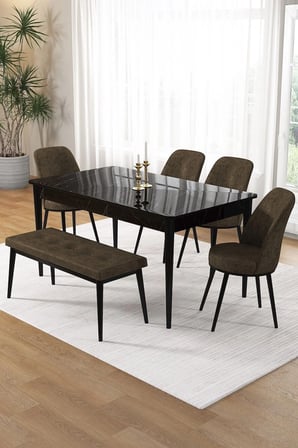 Pir Serisi 80x130 Sabit Siyah Mermer Desen Masa Takımı 4 Kahverengi Sandalye Ve 1 Bench