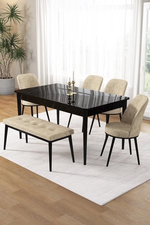 Pir Serisi 80x130 Sabit Siyah Mermer Desen Masa Takımı 4 Krem Sandalye Ve 1 Bench