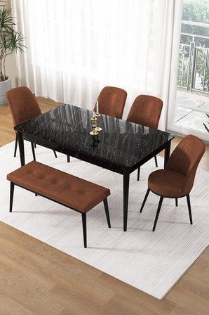 Pir Serisi 80x130 Sabit Siyah Mermer Desen Masa Takımı 4 Kiremit Sandalye Ve 1 Bench
