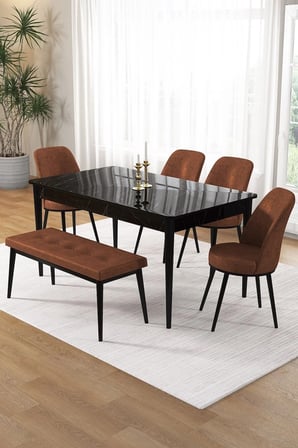 Pir Serisi 80x130 Sabit Siyah Mermer Desen Masa Takımı 4 Kiremit Sandalye Ve 1 Bench