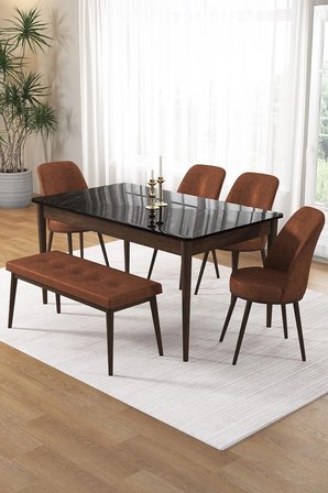 Pir Serisi 80x130 Sabit Siyah Mermer Desen Kahve Ayak Masa Takımı 4 Kiremit Sandalye Ve 1 Bench
