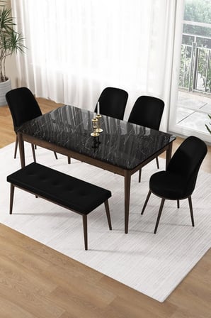 Pir Serisi 80x130 Sabit Siyah Mermer Desen Kahve Ayak Masa Takımı 4 Siyah Sandalye Ve 1 Bench