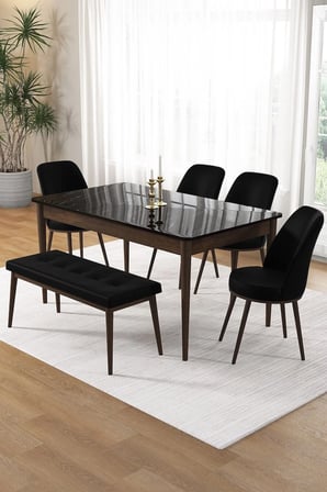 Pir Serisi 80x130 Sabit Siyah Mermer Desen Kahve Ayak Masa Takımı 4 Siyah Sandalye Ve 1 Bench