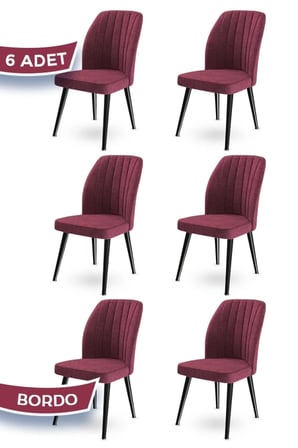 Platinum Serisi Üst Kalite Mutfak Sandalyesi 6 Adet Bordo Sandalye Metal Siyah Iskeletli