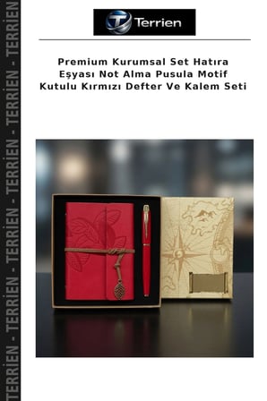 Premium Kurumsal Set Hatıra Eşyası Not Alma Pusula Motif Kutulu Kırmızı Defter Ve Kalem Seti