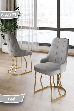 Puva Serisi 6 Adet Gri Sandalye 1.sınıf Babyface Ithal Kumaş Gold Metal Ayaklı