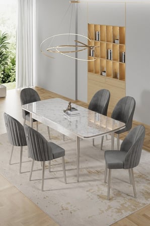 Rada Serisi 80x132 Açılabilir Lak Panel Beyaz Mermer Desen Masa 6 Gri Sandalye Krom Detay