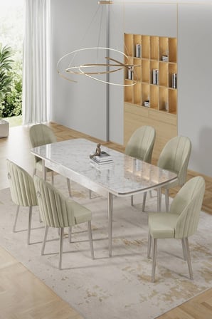 Rada Serisi 80x132 Açılabilir Lak Panel Beyaz Mermer Desen Masa 6 Krem Sandalye Krom Detay