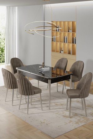 Rada Serisi 80x132 Açılabilir Lak Panel Siyah Mermer Desen Masa 6 Cappucino Sandalye Krom Detay