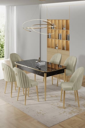 Rada Serisi 80x132 Açılabilir Lak Panel Siyah Mermer Desen Masa 6 Krem Sandalye Gold Detay