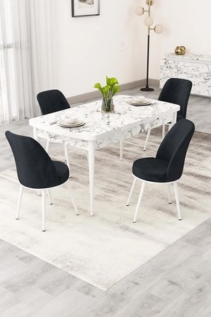 Rax Serisi Açılabilir 80x132 Beyaz Mermer Desen Mutfak Masası Takımı 4 Antrasit Babyface Sandalye