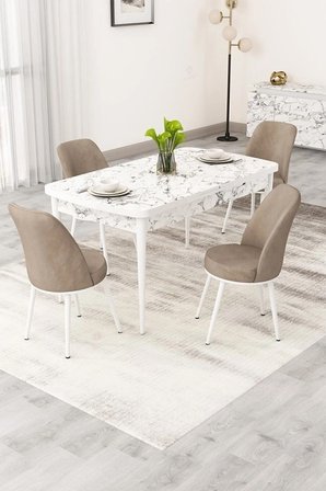 Rax Serisi Açılabilir 80x132 Beyaz Mermer Desen Mutfak Masası Takımı 4 Cappucino Babyface Sandalye