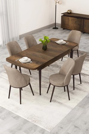 Rax Serisi Açılabilir 80x132 Barok Ahşap Desen Mutfak Masası Takımı 6 Cappucino Babyface Sandalye
