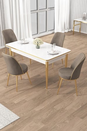 Rewa Serisi 70x110 Sabit Beyaz Gold Detay Masa Takımı ve 4 Cappucino Sandalye