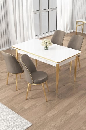 Rewa Serisi 70x110 Sabit Beyaz Gold Detay Masa Takımı ve 4 Cappucino Sandalye
