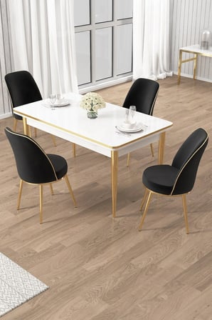 Rewa Serisi 70x110 Sabit Beyaz Gold Detay Masa Takımı ve 4 Siyah Sandalye