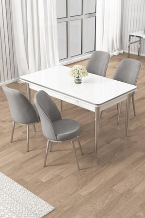 Rewa Serisi 70x110 Sabit Beyaz Krom Detay Masa Takımı Ve 4 Gri Sandalye