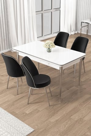 Rewa Serisi 70x110 Sabit Beyaz Krom Detay Masa Takımı ve 4 Siyah Sandalye