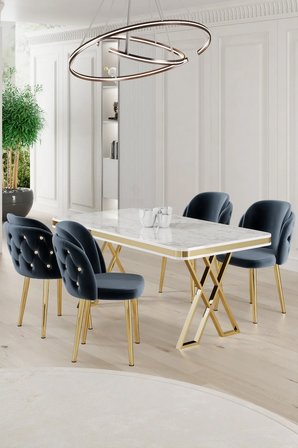 Rigel Serisi 80x130 Lak Panel Beyaz Mermer Desen Masa Takımı Gold Ayaklı 4 Antrasit Sandalye