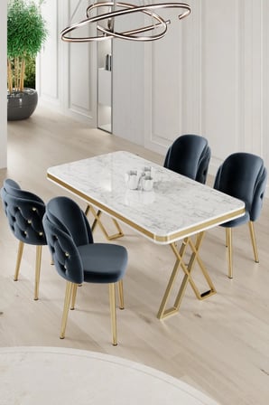 Rigel Serisi 80x130 Lak Panel Beyaz Mermer Desen Masa Takımı Gold Ayaklı 4 Antrasit Sandalye