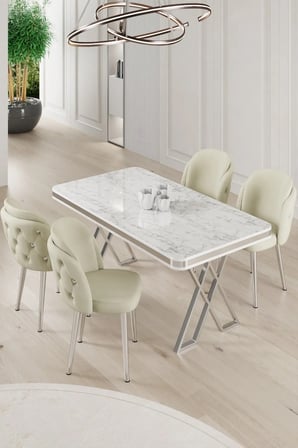 Rigel Serisi 80x130 Lak Panel Beyaz Mermer Desen Masa Takımı Krom Ayaklı 4 Krem Sandalye