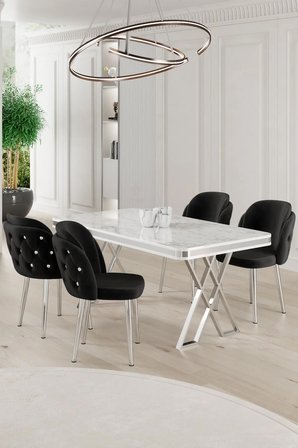 Rigel Serisi 80x130 Lak Panel Beyaz Mermer Desen Masa Takımı Krom Ayaklı 4 Siyah Sandalye