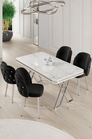 Rigel Serisi 80x130 Lak Panel Beyaz Mermer Desen Masa Takımı Krom Ayaklı 4 Siyah Sandalye