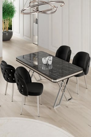 Rigel Serisi 80x130 Lak Panel Siyah Mermer Desen Masa Takımı Krom Ayaklı 4 Siyah Sandalye