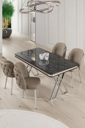 Rigel Serisi 80x130 Lak Panel Siyah Mermer Desen Masa Takımı Krom Ayaklı 4 Cappucino Sandalye