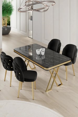 Rigel Serisi 80x130 Lak Panel Siyah Mermer Desen Masa Takımı Gold Ayaklı 4 Siyah Sandalye