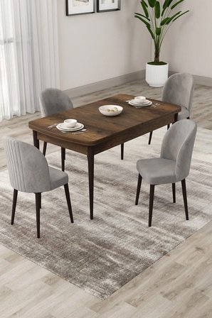 Roe Serisi Açılabilir 80x132 Barok Ahşap Desen Mutfak Masası Takımı ve 4 Gri Sandalye
