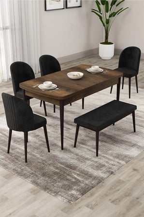 Roe Serisi Açılabilir 80x132 Barok Ahşap Desen Mutfak Masası Takımı 4 Siyah Sandalye 1 Bench