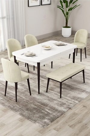 Roe Serisi Açılabilir 80x132 Beyaz Masa Kahverengi Ayak Masa Takımı 4 Krem Sandalye 1 Bench